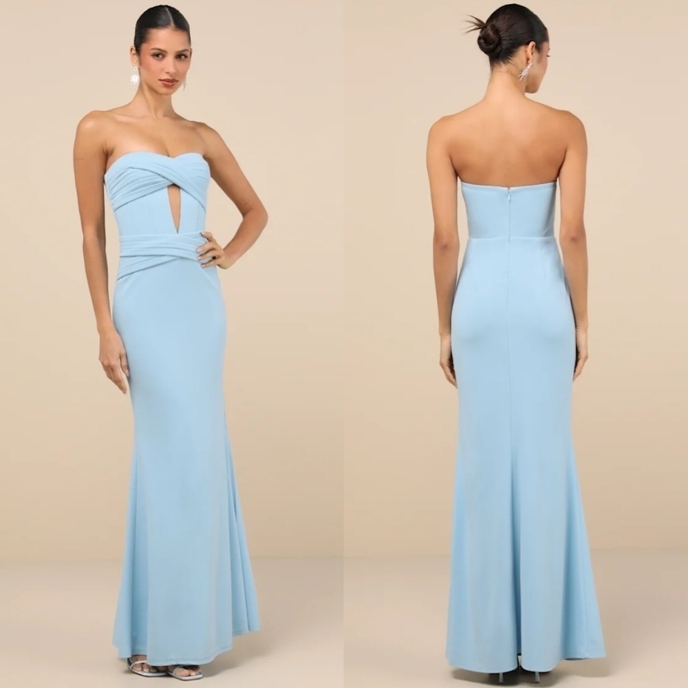 Lulus Elegant Finesse Light Blue Pleated Cutout Maxi Dress Wedding Party Prom